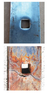 A closeup of the cracked chainplate shows some normalcorrosion and abrasion. But what’s lurking beneath the
surface?
